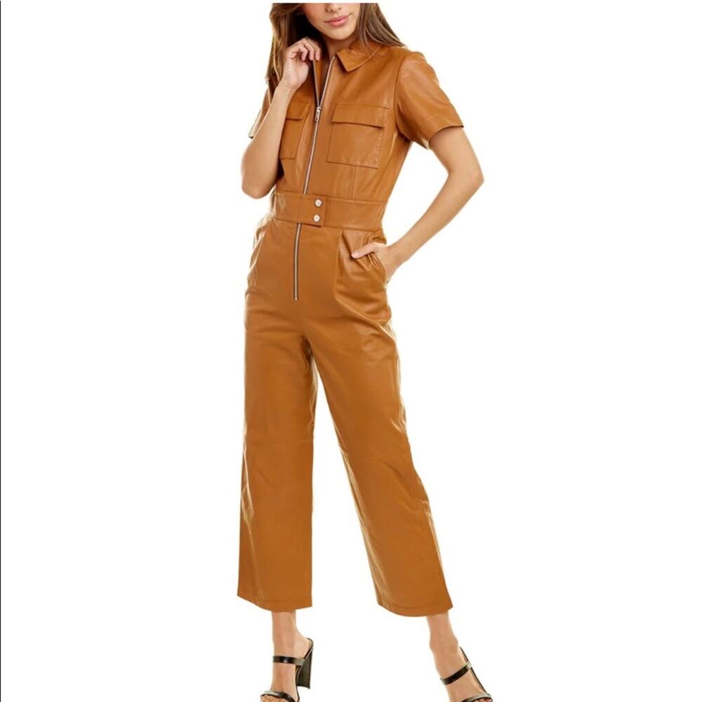 Walter Baker Ellie Zip and Snap Lamb Leather Caramel Short Sleeve Jumpsuit M